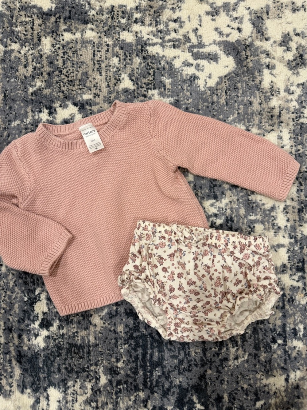 Carter's Dusty Pink Knit Sweater with Cream Floral Diaper Shorts